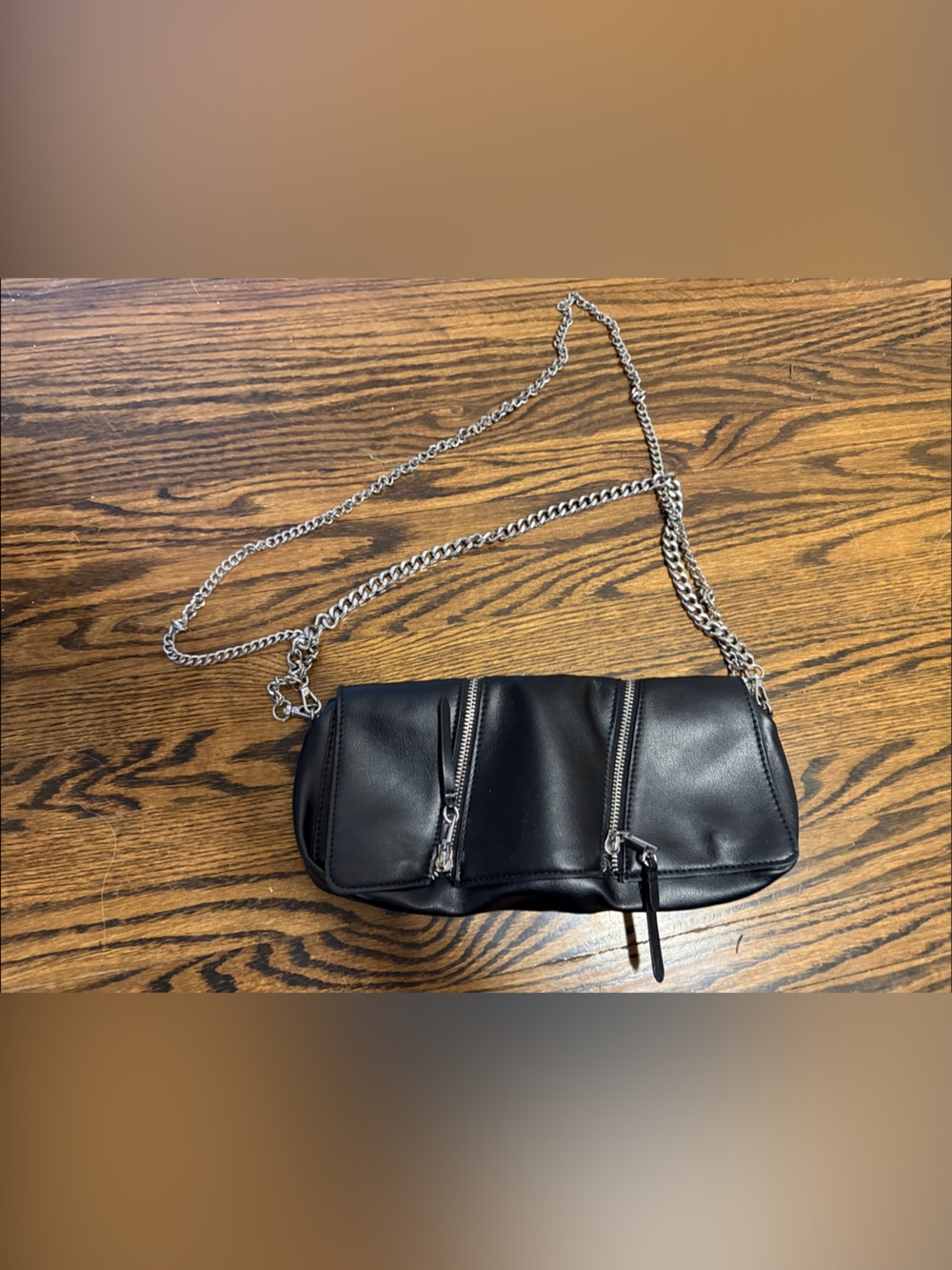 ZARA Black Leather Crossbody Bag with Silver Chain
